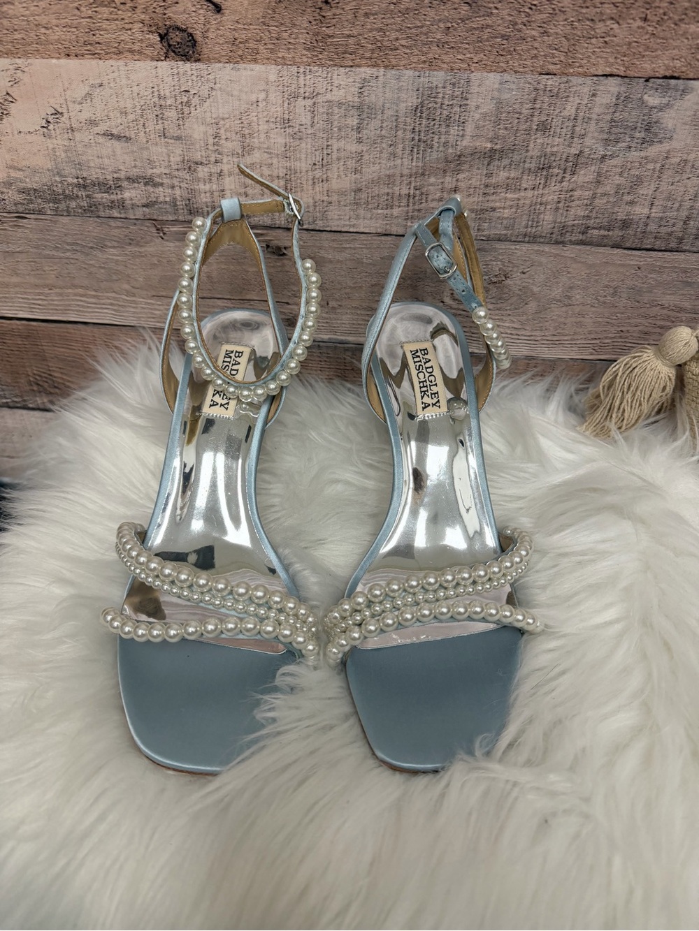 Badgley Mischka Light Blue Pearl-Strap Evening Heels